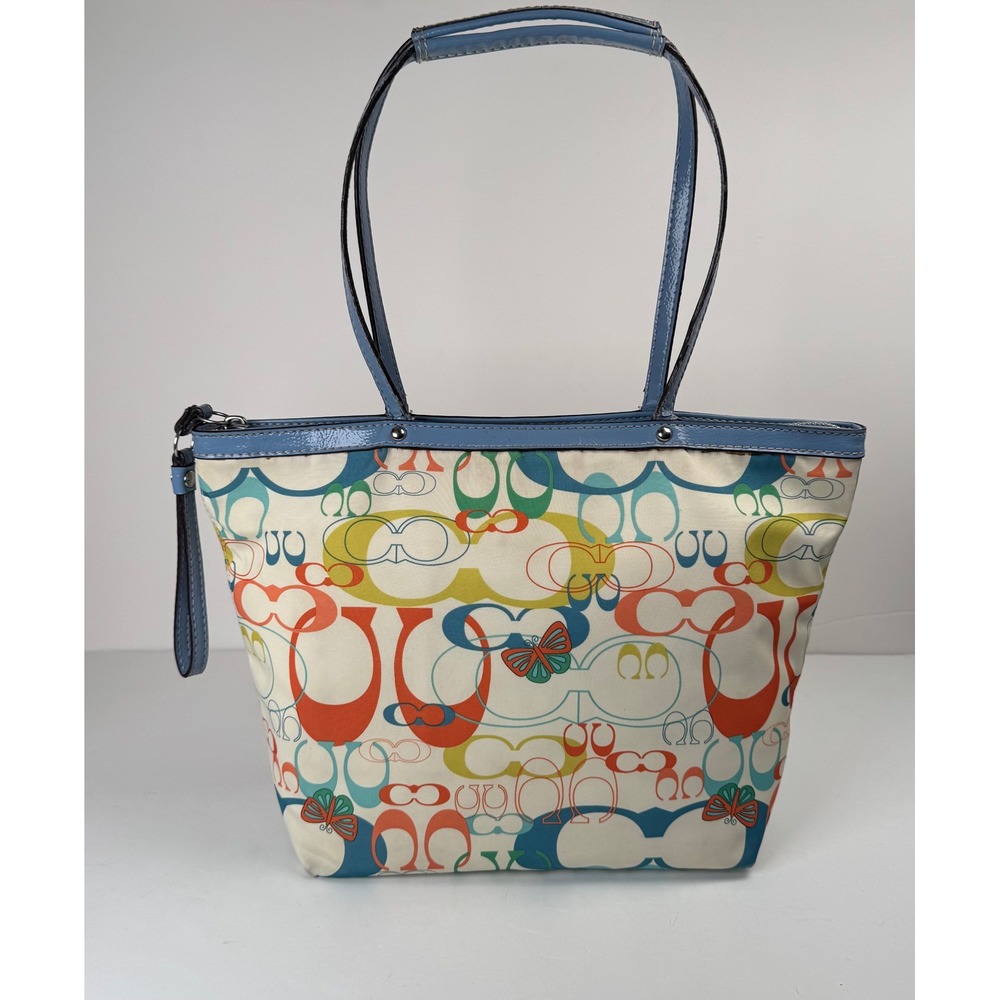 Coach Optic Signature Butterfly Leather Canvas Colorful Zip Tote Bag Purse Y2K